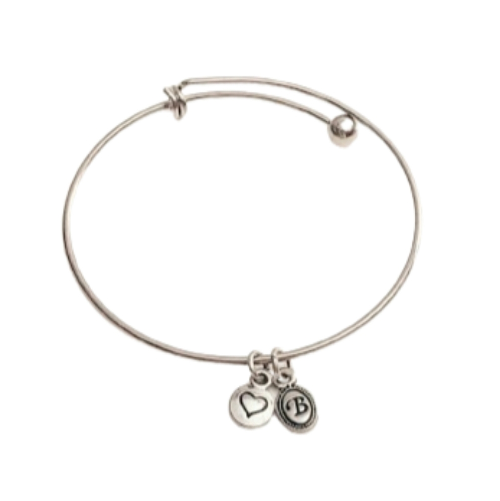Retired Brighton Heart & B Charm Silvertone Adjustable Bangle Bracelet